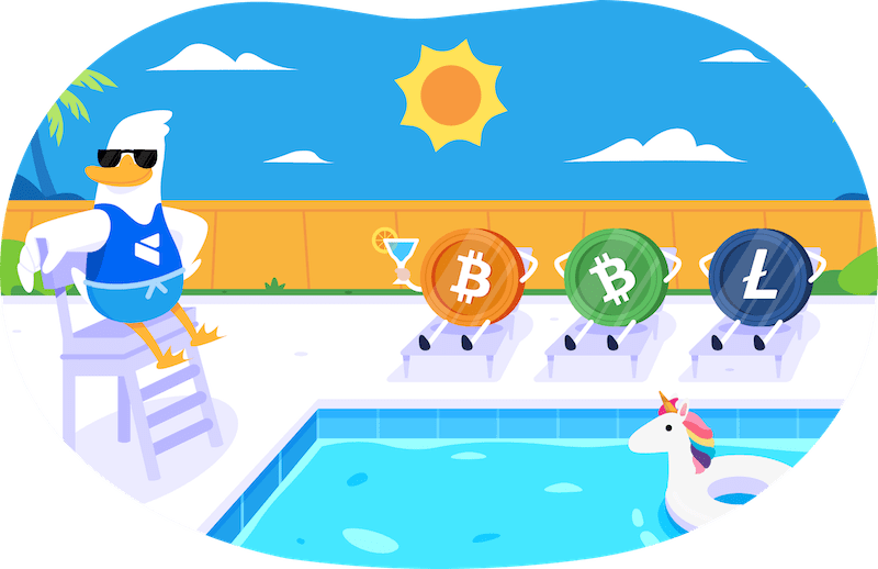 cartoon illustration of BTC, LTC, BCH characters sunbathing at the pool 